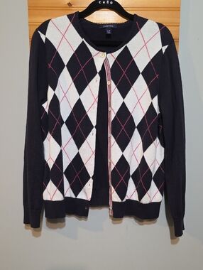 Lands' End Navy and White Argyle Button‎ Cardigan with Pink Trim Sz Large/P